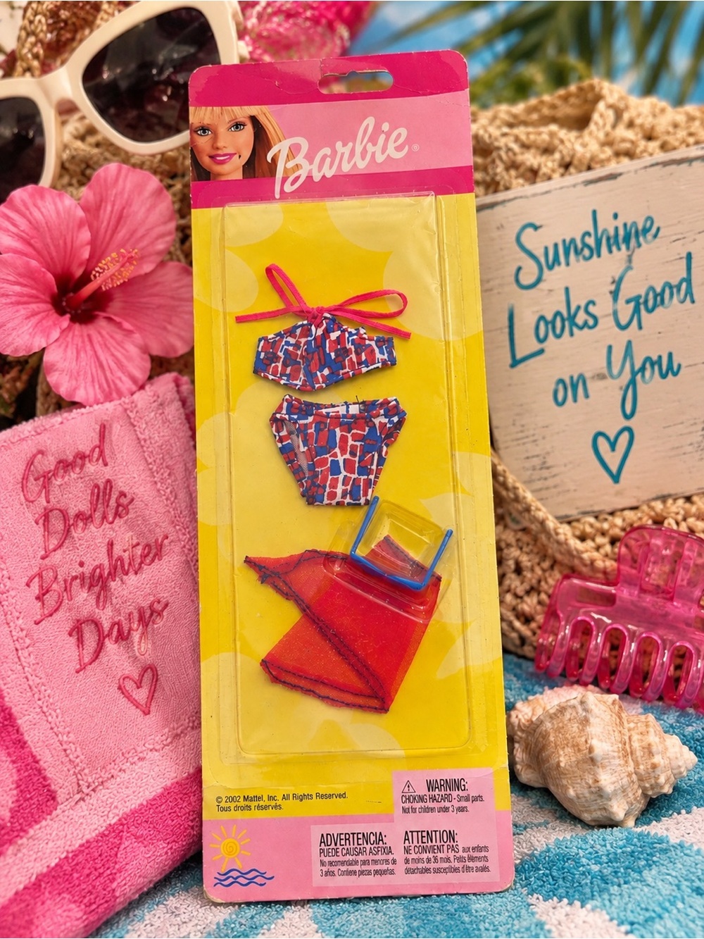Vintage 2002 Mattel Barbie Sun & Sea Fashions Blue Red Bikini Pack NIP